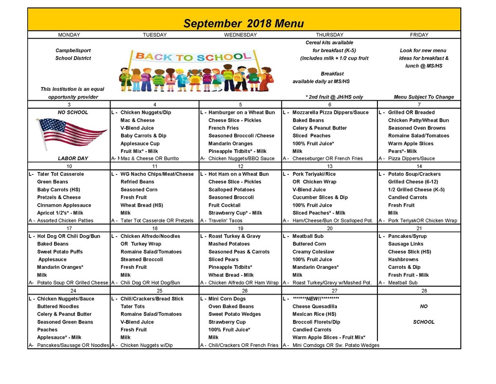 September 2018 Menu