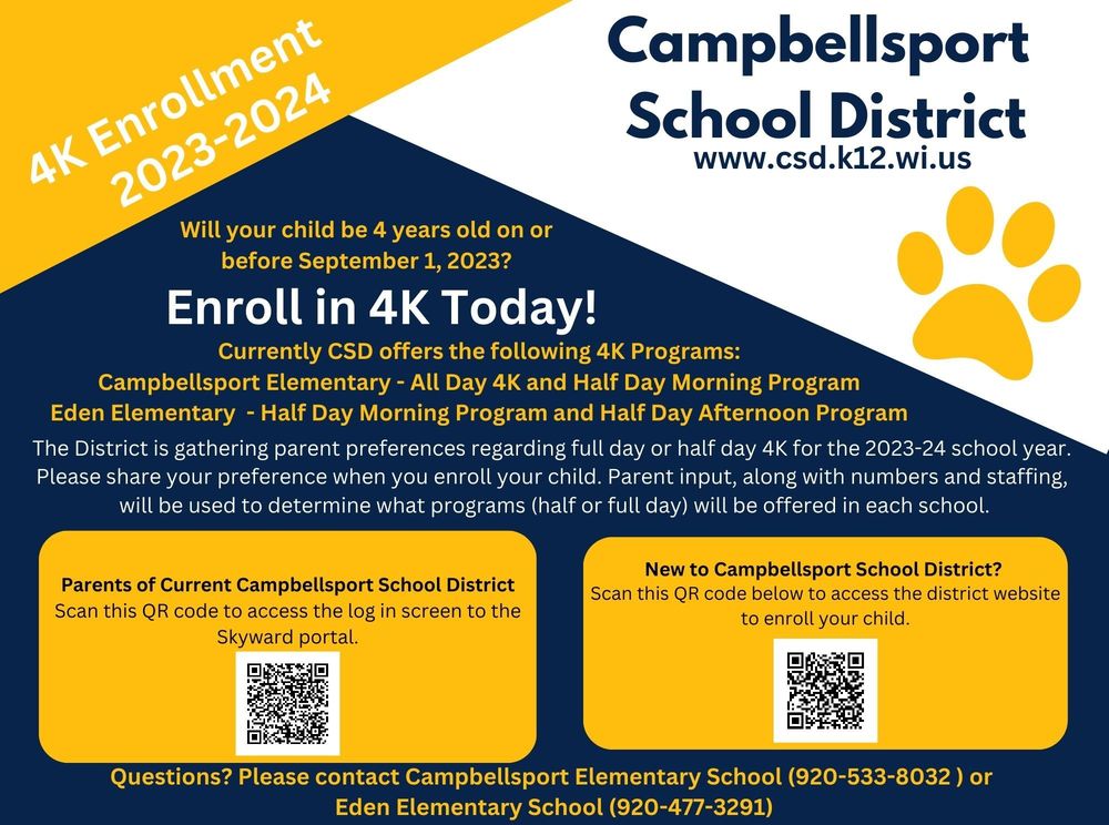 Campbellsport School District 4K Registration Now Open! Campbellsport